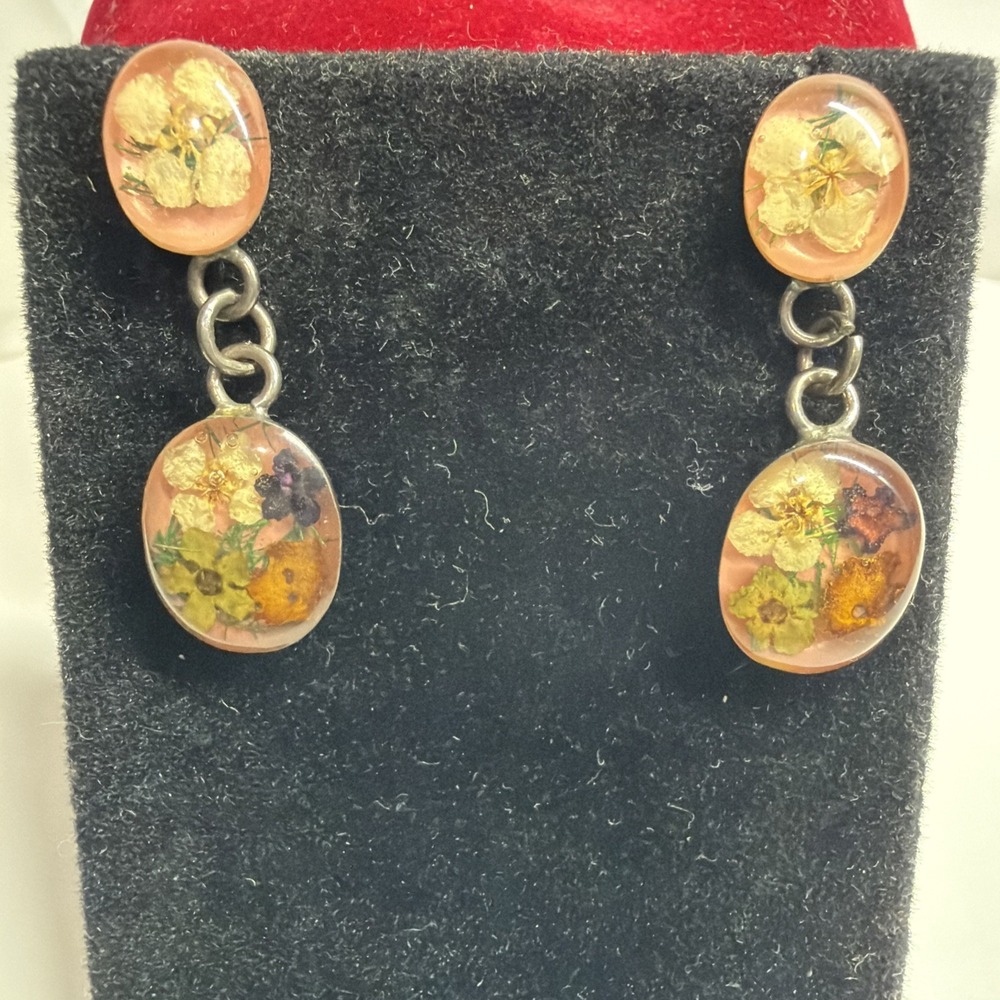 Vintage 925 Sterling Silver Handmade Resin Pressed Dried Flower Dangle Earrings